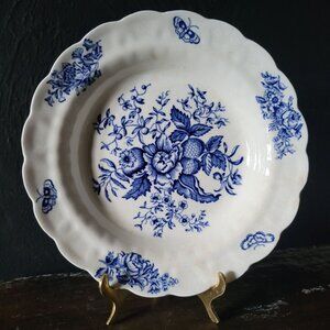 Vtg Booths England Peony Blue & White Rimmed Bowl 8.5”, Crazing, Staining, Chip